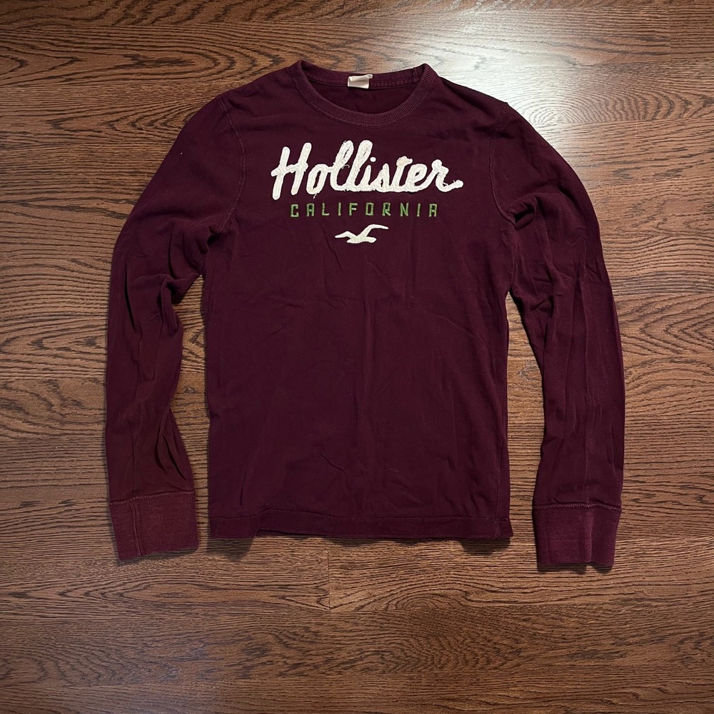 y2k vintage hollister men's dark red embroidered graphic long sleeve medium